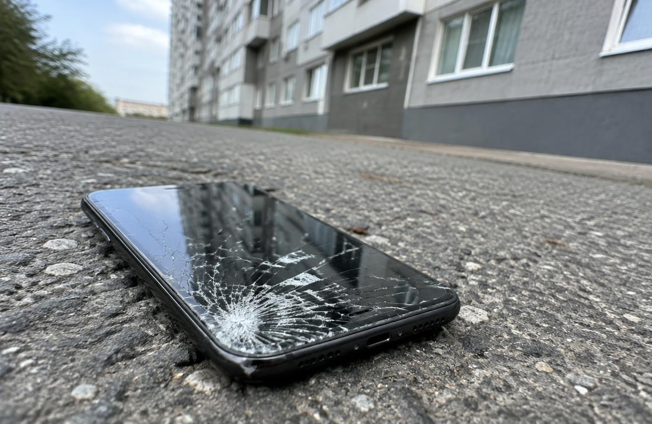 Smartphone à l’écran brisé sur le bitume devant un immeuble